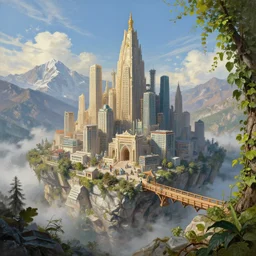 dystopian cyberpunk city under kashmir mountains, hill valley grec greeble temple of olympus glory island little wood bridge painting of tower ivy plant in marble late afternoon light, wispy clouds in a blue sky, by frank lloyd wright and greg rutkowski and ruan jia