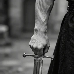 black and white photography of a men holding a medieval sword by roberto ferri, realistic anatomy, masterpiece, hand, strong arm, by thomas blackshear, cinematic environment, dramatic lighting, magali villeneuve, jeremy lipkin