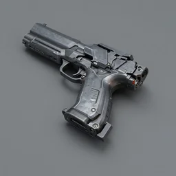 corner gun on a grey table, highly technical, futuristic, reinforced, Hard-surface modeling, concept art