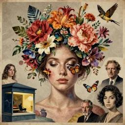 illustration woman with exotic flowers on her head, eyes, butterflies, birds, surreal style, collage art by james jean, masterpiece, edward hopper and james gilleard, ross tran, mark ryden, wolfgang lettl, yayoi kasuma, photorealistic, vintage, dramatic, mixed media collage