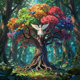 Cybernetic tree of life in a forest clearing, hyper real, 8k, colorful, 3D cinematic volumetric light, atmospheric light, studio ghibli inspired, fantasy LUT, high contrast, epic composition, satisfying cable management, dreamlike, surreal, angelic, by Moebius, wired roots