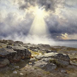 watercolor painting of rocky land, rough terrain, sunshine and sun rays, art by anders zorn, wonderful masterpiece by greg rutkowski, beautiful cinematic light, american romanticism by greg manchess, creation by tyler edlin, stormy puffy clouds and harbour in distant background, foggy