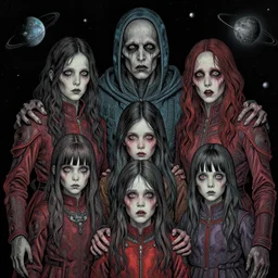 detailed image of a creepy family in the deep space by richard corben, rich deep colors. masterpiece . intricate artwork, cinematic, hyper realism, high detail,  unreal engine, 8k, Smooth gradients, High contrast, depth of field, very coherent symmetrical artwork. clean ink detailed line drawing, intricate detail, extremely detailed.