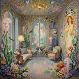 hyperrealistic detailed painting of a liminal hotel room, with flowers, butterflies, corals, sea kelp, sea plants, fish, starfish, jellyfish, diamonds, filaments, golden filigree, neon lights, art by ernst haeckel, john william godward, hammershøi, alphons mucha, pontormo, ornamental, decorative, art nouveau wallpaper, lights by hopper, pastel deep colours,