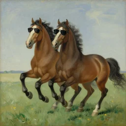 A Magritte painting of horses prancing wearing sunglasses