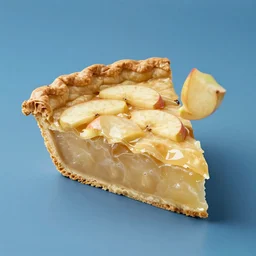 1 thick slice of apple pie floating on a blue background, chesley bonestell, vincent di fate, apple filling inside golden crust, large slice, dripping syrup