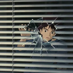 hyperrealist, studio ghibli dull colors from close encounters of the third kind 1 9 7 7 of glass breaking through venetian blinds.