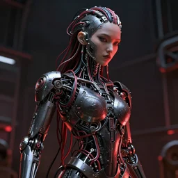 ciborg assian woman with lot of wires, hyper detailed, red highlights, masterpiece, ornate dark, suehiro moaruo, katsuhiro otomo, shintaro kago, cgsociety, octane render, ambient light