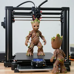giant 3 d printer and groot watching a 3 d printing another groot, focus on 3 d printer, sharp focus, no humans