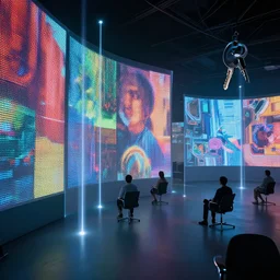 cyberspace with curved translucent screens projecting detailed art ( 2 0 4 2 ), large colorful images, pixel perfect photograph, high contrast, volumetric lighting, thin glowing lights, chair, users, pair of keys