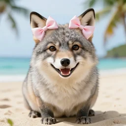 a photorealistic adorable chubby fennic fox wolf rabbit hybrid, wearing bows on its fuzzy ears, grinning at the camera with a mischievous look, sharp teeth, happy lighting, at a tropical beach