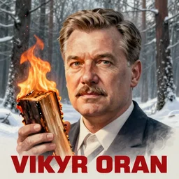 soviet poster of viktor orban, highly detailed face, burning wood piece in hand, winter forest in background