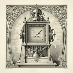 beautiful, symmetric, art nouveau, detailed, intricate technical drawing from 1 8 4 0 with extensive written labels and covered in scribbled pencil notes, for a mechanical display attachment to babbage's difference engine, showing a screen playing tetris