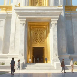 a temple made of white marble and gold, light coming from the entrance, people passing by, matte painting in the style of Daniel Dociu and Kelai Kotaki, trending on Artstation, digital art