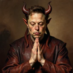 elon musk praying to a demon, art by michelangelo, extremely detailed