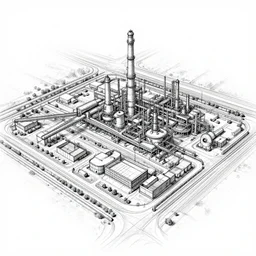 a detailed drawing of an industrial site, black and white drawing.
