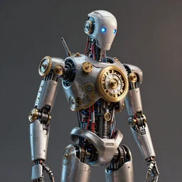 a futuristic robot made of wires and mechanical clock rings, photorealism, artstation volumetric lighting