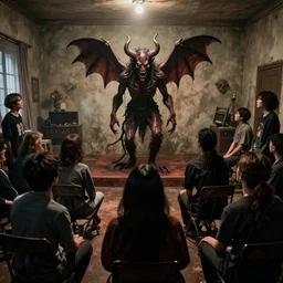 photograph of a room of people staring at a live demon