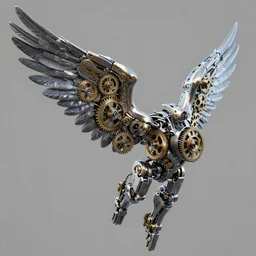 3D render of mechanical angel wing powered by gears and pistons, digital art
