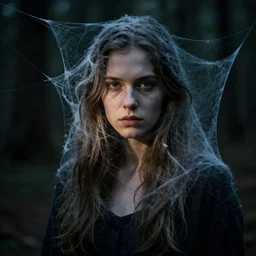 a young woman covered in cobwebs, dramatic lighting, cinematic, dark forest, greg rutkowski