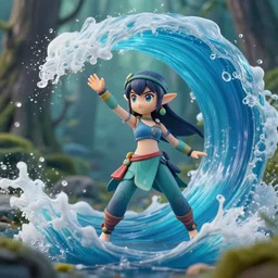 katara from avatar as nendoroid is summoning a giant wave from a like in a forest, in the croods movie style, anime, disney, pixar, 8 k, hd, dof, kodak film, volumetric lighting, subsurface scattering, photorealistic, octane render, details