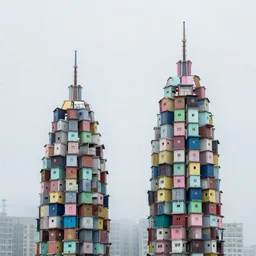 two towers made up of colourful makeshift squatter shacks, pastel tones, plain uniform sky at the back, misty, mamiya rb 6 7, ultra sharp, very detailed, photographed by zaha hadid