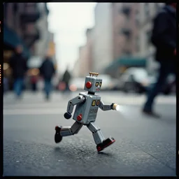 kodak portra 4 0 0, wetplate, flashlight, muted colours portrait by saul leiter of a tiny photoreal tin toy robot running fast trough a busy new york street, motion blur, tiny gaussian blur, insanely detailed, insanely intricate, insanely beautiful, depth of field, deep winter, wide aperture, color photography