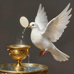 a white dove holding a communion wafer inthe beak. a golden cup water fountain. intricate, elegant, highly detailed, digital painting, artstation, concept art, sharp focus, illustration, by justin gerard and artgerm, 8 k