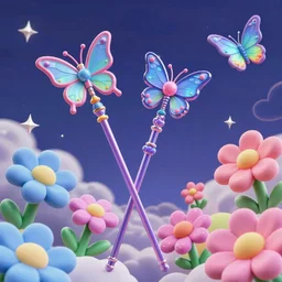 3 d render magica wand, magical wand, nokia fairy wand staff, against a psychedelic surreal background with 3 d butterflies and 3 d flowers n the style of 1 9 9 0's cg graphics against the cloudy night sky, lsd dream emulator psx, 3 d rendered y 2 k aesthetic by ichiro tanida, 3 do magazine, wide shot
