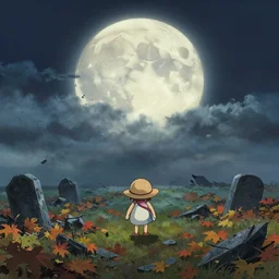 a wholesome animation key shot of a cute empty night time autumn destroyed damaged foggy graveyard damaged runway giant moon backlighting, studio ghibli, pixar makoto shinkai and disney animation, sharp, rendered in gouache painting, anime key art by greg rutkowski, bloom, dramatic, dynamic lighting
