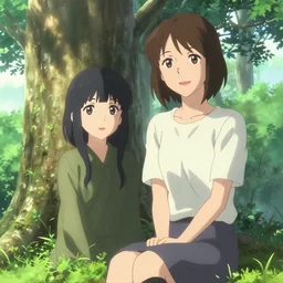 photorealistic, brown haired bob odenkirk meets a beautiful smiling anime girl with black hair and hime cut sitting under a tree, anime key visual, digital art, anime screenshot, kyoto animation, makoto shinkai, trending on artstation