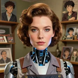 beauty filter. cybertronic led fembot. highly detailed portrait of jennifer tilly as a shopkeep with a retro hairstyle. screenshot from hbo westworld, norman rockwell, stephen bliss, 8 k, unreal engine, art by greg rutkowski, katsura masakazu, makoto shinkai, satoshi kon, global radiant illumination, detailed and intricate environment