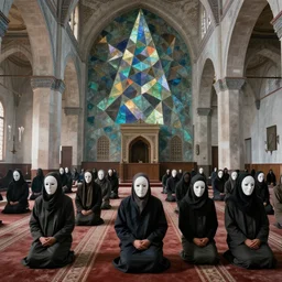apocalyptic scene,prayer,occult,refugees,mosque synagogue interior,masks,geometric art,prism,patina,edward hopper,hilma af klint