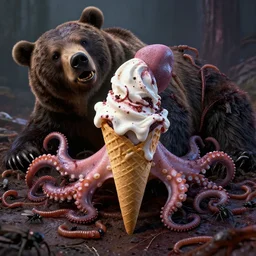 octopus ice cream cone at a dead corpse of a bear, worms, gnats, flies, spiderders, gross, unreal engine, realistic, food pic, horror, beyond disgusting, gothic, 4 k quality, detailed