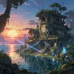 a beautiful detailed anime illustration of courtyard house nature abandoned city by wolf d. prix, alien tundra san andreas lake futuristic sunset sunlight atlantis cgsociety crystal laser cyberpunk water sci - fi reclaimed by nature retrowave dramatic lighting, archdaily, wallpaper, highly detailed, trending on artstation.