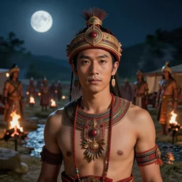 matte close - up portrait of tai smart warlords who assemble on a full moon night at the camp in the valley near water stream, ethnic costume, traditional decoration, light from bonfires and torches, digital art trending on artstation, elegant, loin cloth, highly detailed, 8 k, cinematic lighting, global illumination, elegant, ornate, super detailed, painting, artstation, concept art