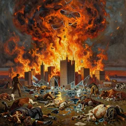 the first unleashing of the hell - fire. cities had become puddles of glass, while nations had vanished from the earth, the lands littered with bodies, both men and cattle, and all manner of beasts,, oil painting by craig davison and dan witz