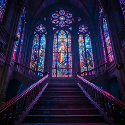 stairway of stained glass, cyberpunk, neon cathedral, photorealistic, max details, cinematic