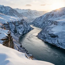 river running through mountains with snowy layers on top, shot from cliff above, sunrise, a small amount of trees, artstation, filmic, wide angle, electric colors, insanely detailed and intricate, hypermaximalist, elegant, ornate, hyper realistic, super detailed