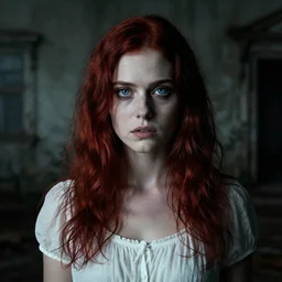 eerie atmospheric photograph featuring the protagonist of a silent hill film, a uniqley attractive woman with dark & vibrant auburn hair, warm piercing blue eyes & pale complexion, thoughtfull contemplative expression on her face, in white dress, dramatic lighting, high contrast, delapadated civilization in background,