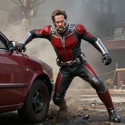 Giant Scott Lang (Ant-Man) crushes a car, photography by Julia Fullerton-Batten