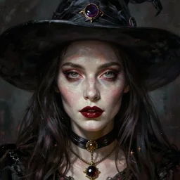 Portrait of a witch, detailed face, fantasy, very detailed, dramatic, fine horror, artistic, cinematic lighting, digital art painting by greg rutkowski