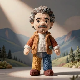 a morgan freeman doll made out of yarn, product display photograph