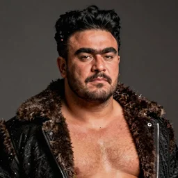 portrait of a fat hairy wrestler with a dark furry jacket in the style of half frida kahlo half robert rauschenberg,