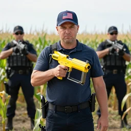 patriot holding a yellow nailgun in a corn field, fbi agents flanking in background