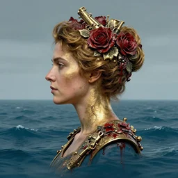 portrait of british woman :: side profile :: in ocean :: roses and guns metal details :: gold :: blood and horror ::  by marvel and Sandra Chevrier