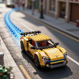 photo of a car made out of lego driving down a city street in the daytime and leaving a trail of blue in its path