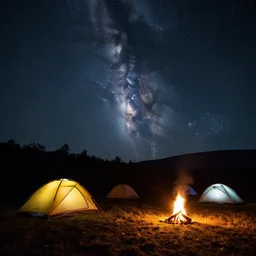 camping out in the middle of nature, tents in the background, starry sky, night time, dark, milky way, campfire, highly detailed, 4 k