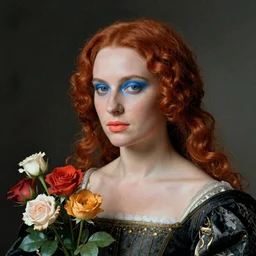 Woman model appearance, flowers, Renaissance, red hair, coral lips, blue shadow, style Edward Hopper