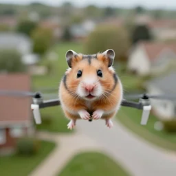a scared hamster flying on a drone above a neighborhood, close up